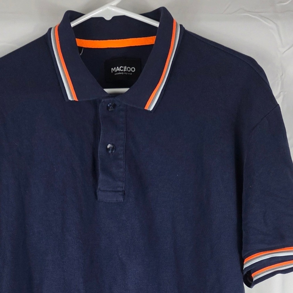 Maceoo Mens Navy Blue Cotton Pique Polo Shirt Orange Tipped Collar XL